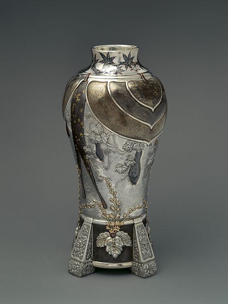 Conglomerate Vase, Tiffany &amp; Co. (1837–present), Silver, etched iron, copper, fire-gilded copper, gold-copper-silver alloys, and niello, American 