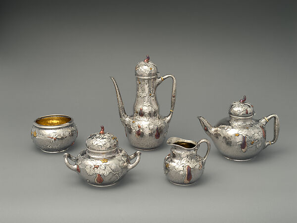 Tea and Coffee Set, Tiffany & Co., Silver, copper, brass, copper-gold-silver alloys, silver-gilt, and ivory, American