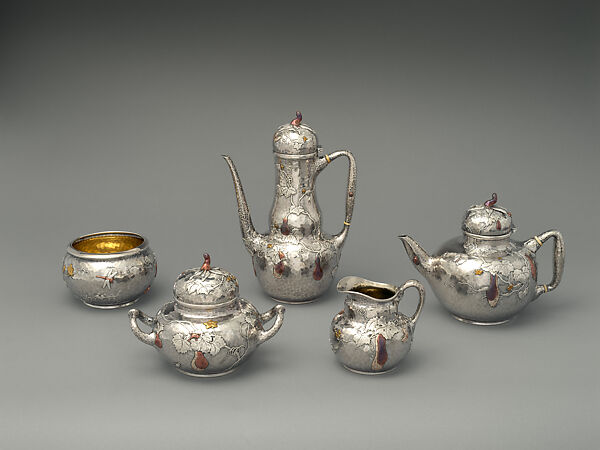 Tea and Coffee Set, Tiffany &amp; Co. (1837–present), Silver, copper, brass, copper-gold-silver alloys, silver-gilt, and ivory, American 