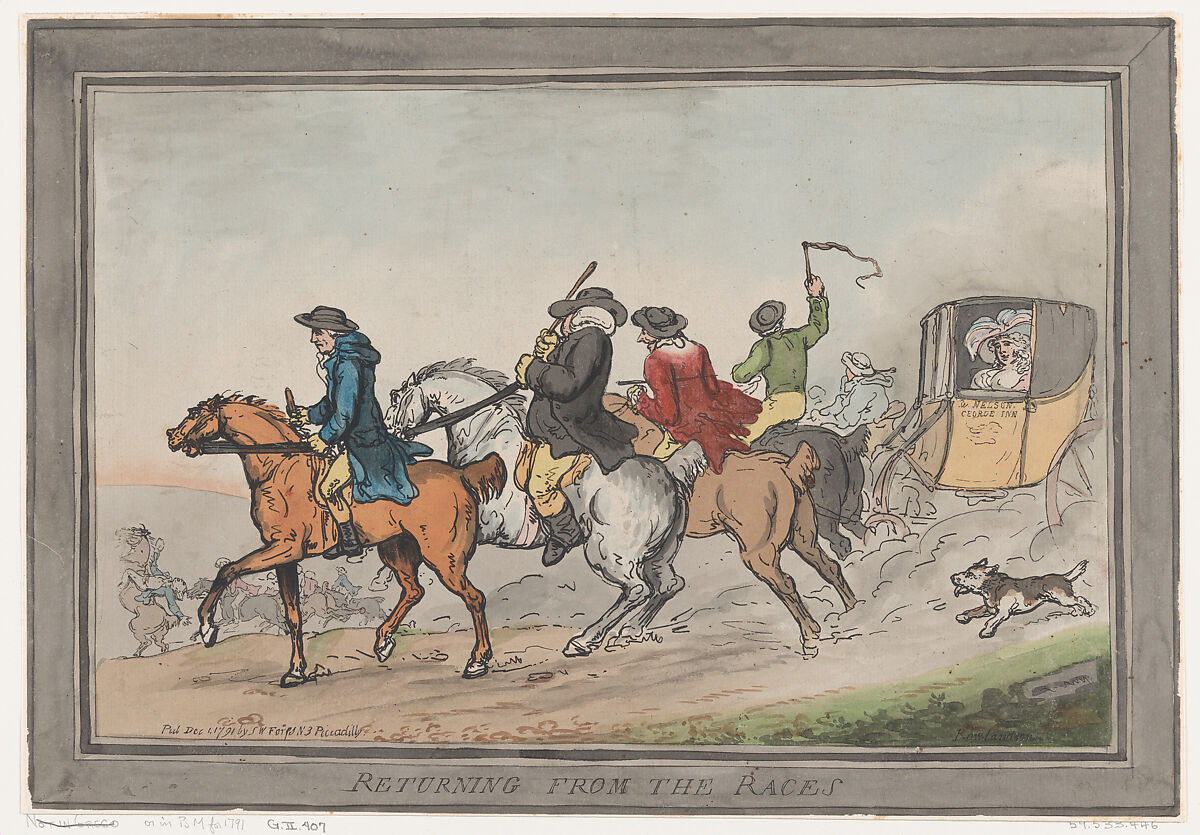 Returning from the Races, Thomas Rowlandson (British, London 1757–1827 London), Hand-colored etching 