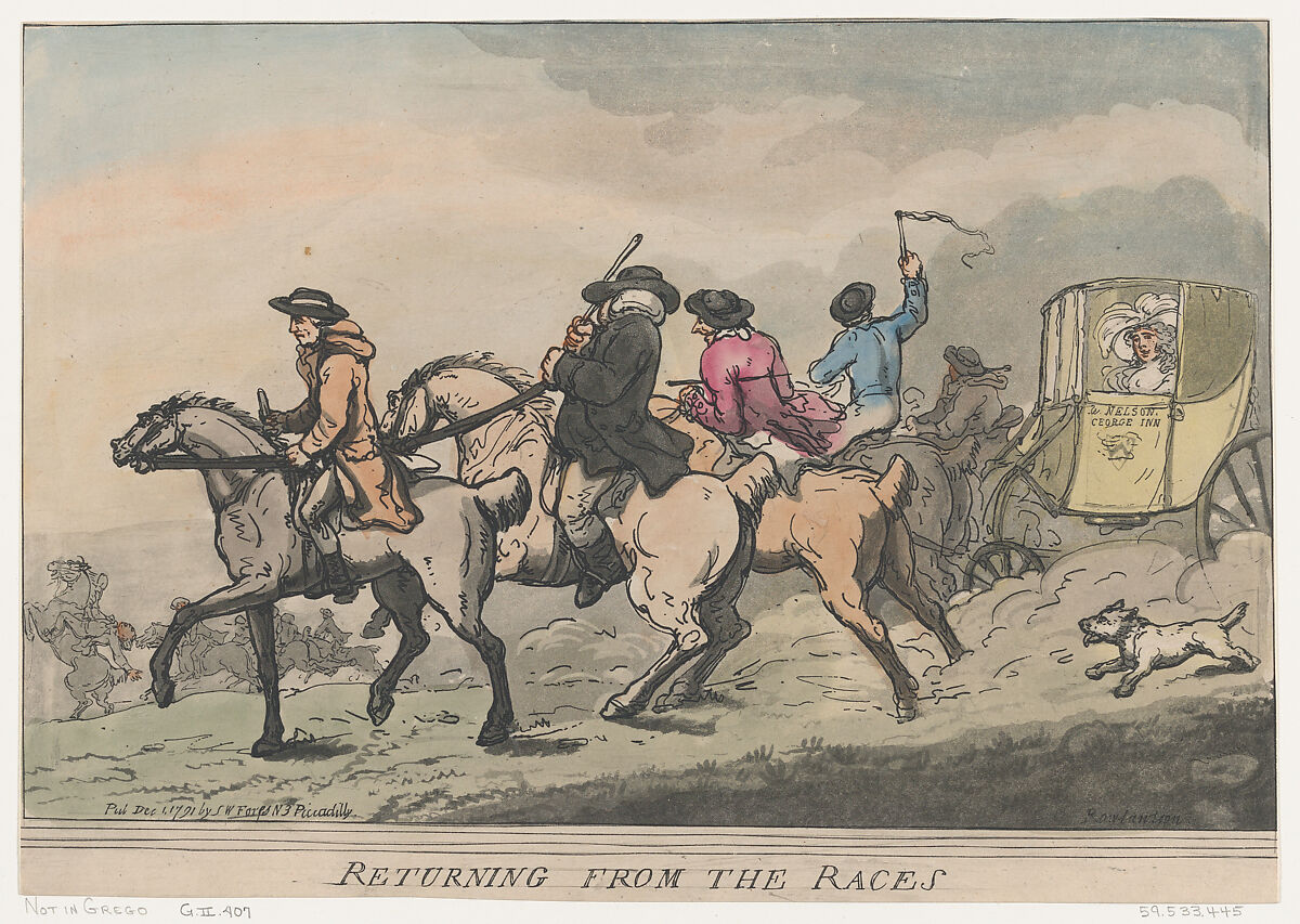 Returning from the Races, Thomas Rowlandson (British, London 1757–1827 London), Hand-colored etching 