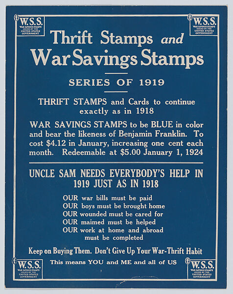 Thrift stamps and war savings stamps, Anonymous, American, 20th century, Commercial color lithograph 