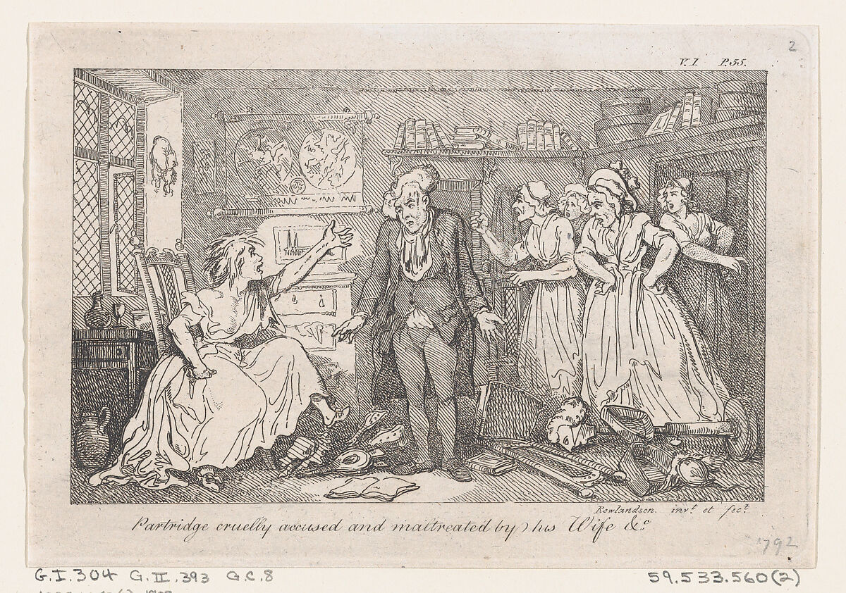 Partridge cruelly accused and maltreated by his Wife, from "The History of Tom Jones, a Foundling", Thomas Rowlandson (British, London 1757–1827 London), Etching 