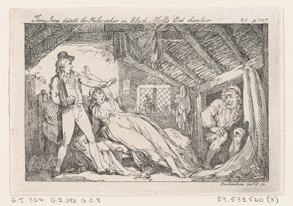 Tom Jones detects the Philsopher in Black Molls Bed Chamber, "The History of Tom Jones, a Foundling", Thomas Rowlandson (British, London 1757–1827 London), Etching 