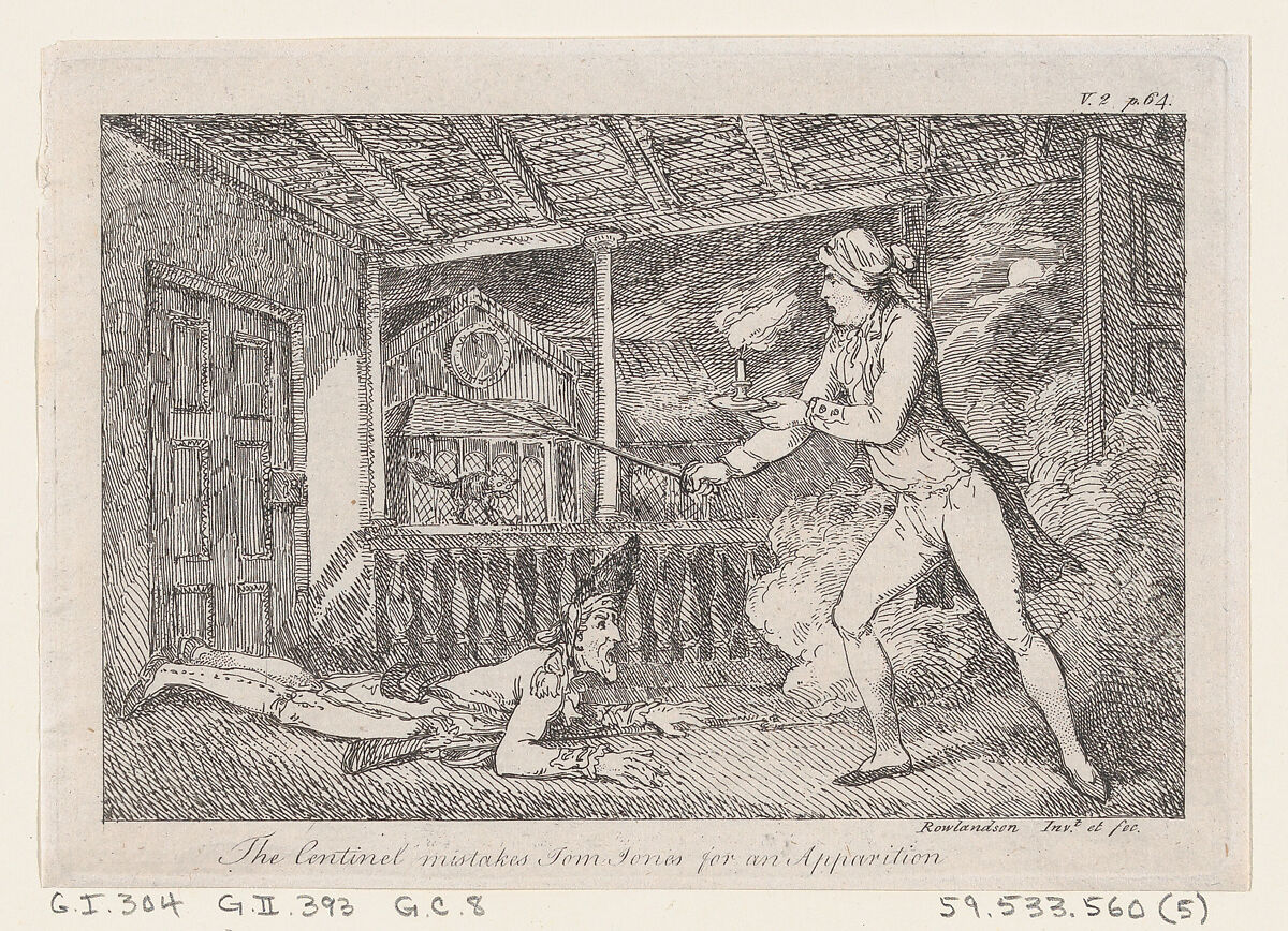 The Sentinel Mistakes Tom Jones for an Apparition, from "The History of Tom Jones, a Foundling", Thomas Rowlandson (British, London 1757–1827 London), Etching 