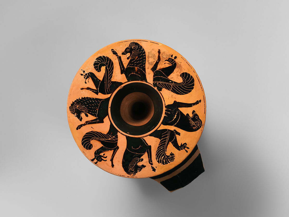 Terracotta kylix:band-cup (drinking cup), Attributed to a painter related to the Lysippides Painter, Terracotta, Greek, Attic