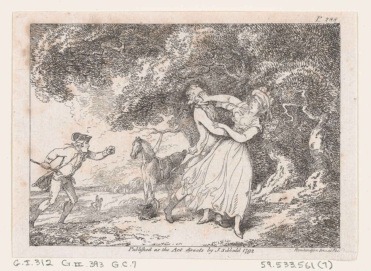Joseph Hastens to Rescue Fanny from Imminent Danger, from "The Adventures of Joseph Andrews, and his friend Mr. Abraham Adams", Thomas Rowlandson (British, London 1757–1827 London), Etching 