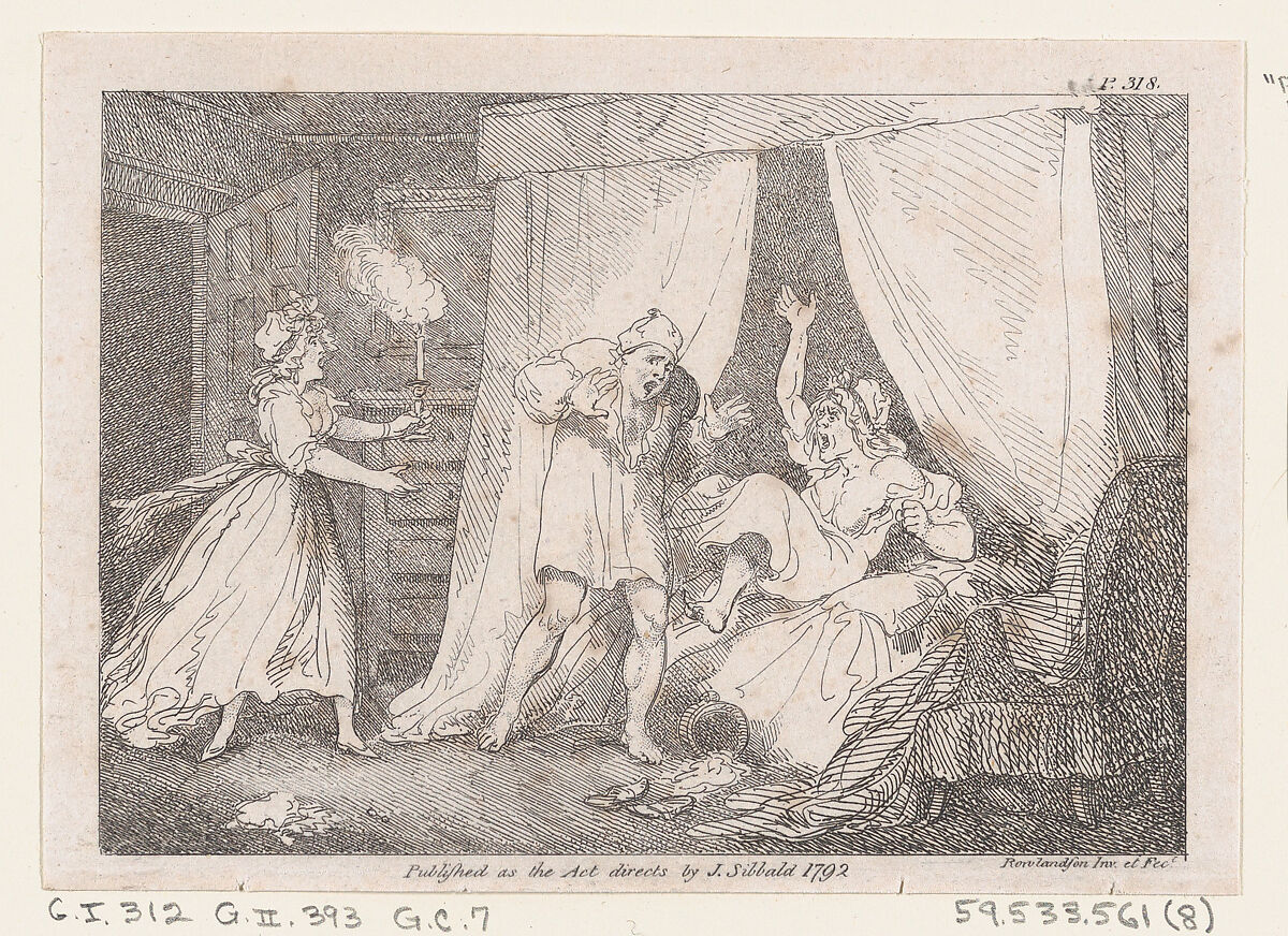 Parson Adams Discovered in a Suspicious Situation with Mrs. Slipslop, from "The Adventures of Joseph Andrews, and his friend Mr. Abraham Adams", Thomas Rowlandson (British, London 1757–1827 London), Etching 