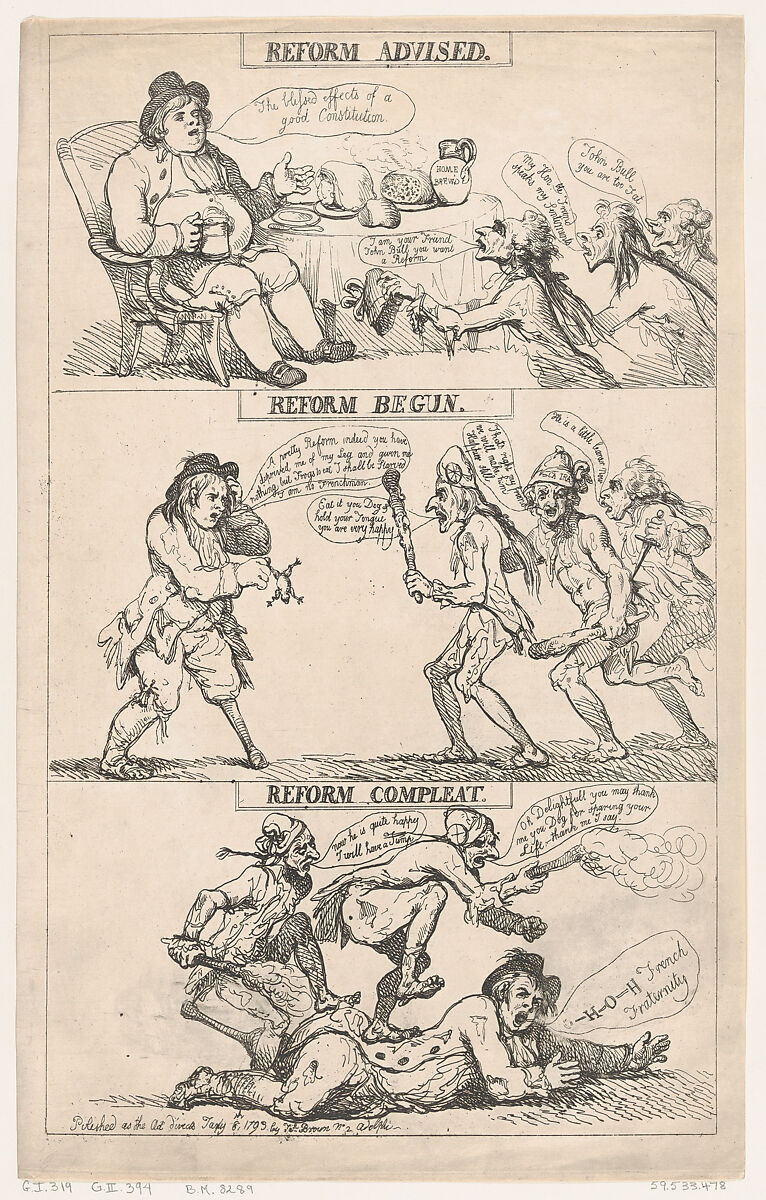 Reform Advised, Reform Begun, Reform Complete, Thomas Rowlandson (British, London 1757–1827 London), Etching 