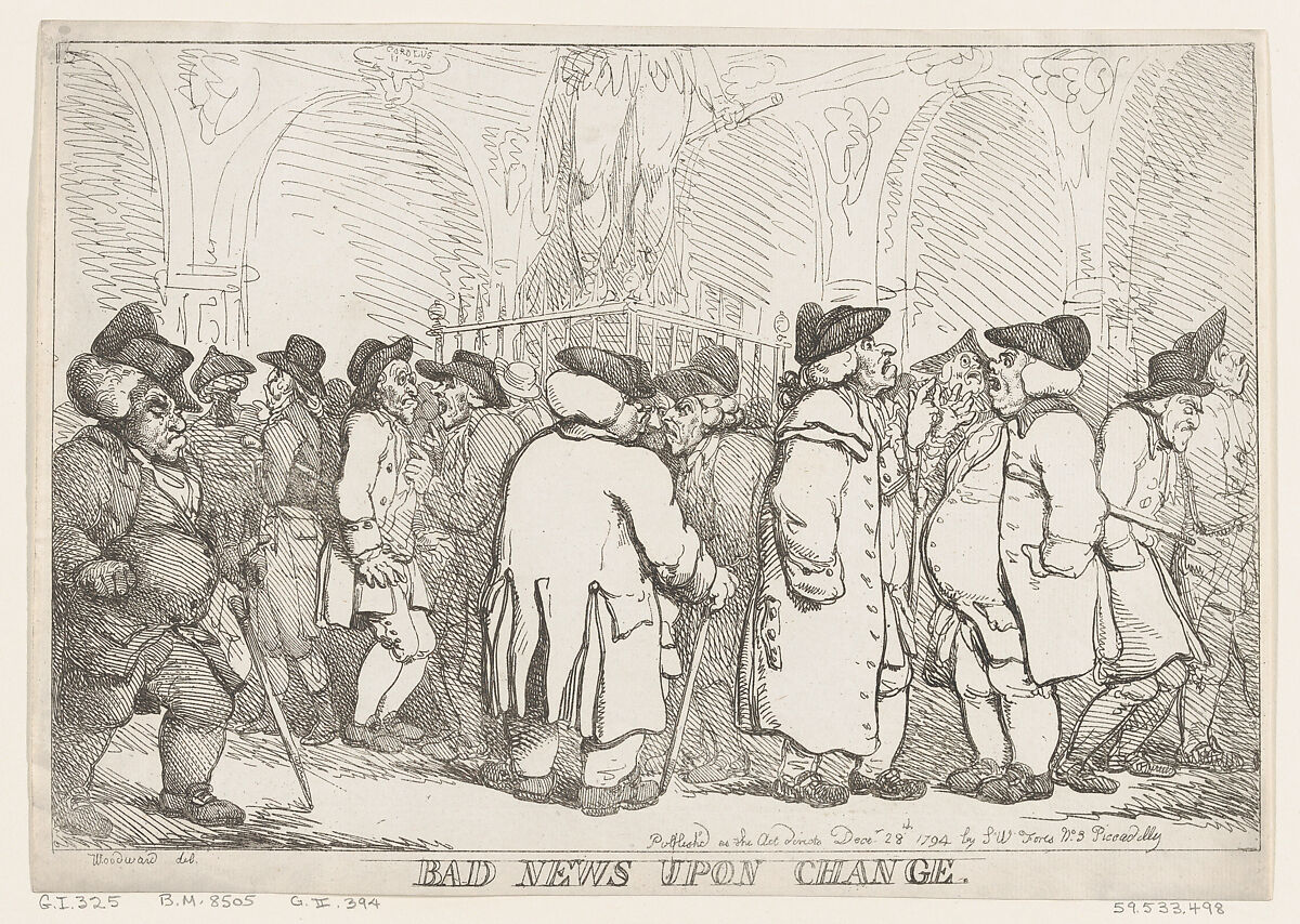 Bad News Upon Change, Thomas Rowlandson (British, London 1757–1827 London), Etching 