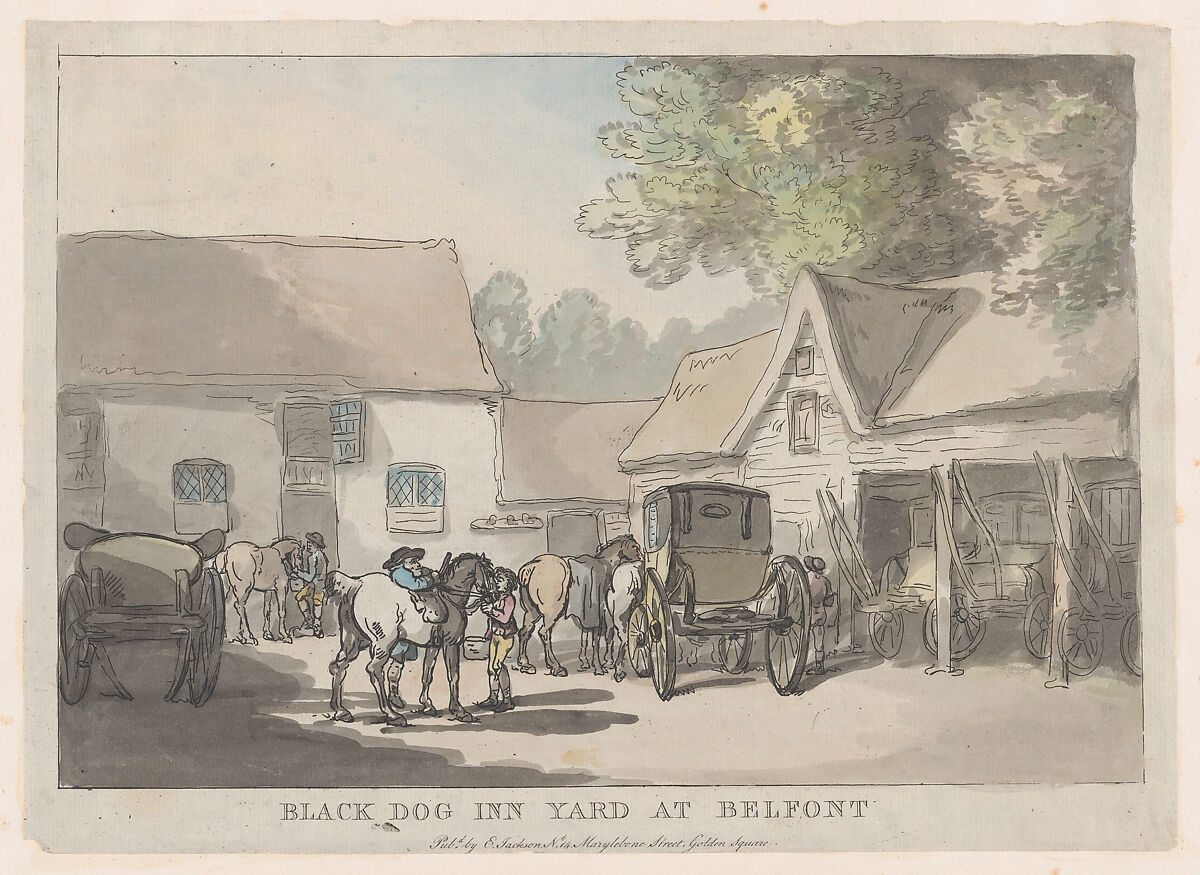 Black Dog Inn Yard At Belfont, Thomas Rowlandson (British, London 1757–1827 London), Hand-colored etching 