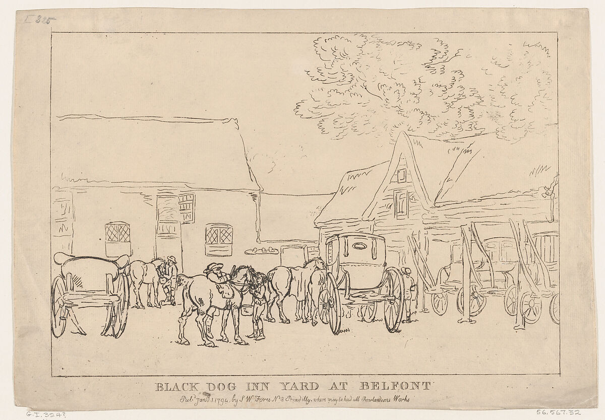 Black Dog Inn Yard At Belfont, Thomas Rowlandson (British, London 1757–1827 London), Etching 