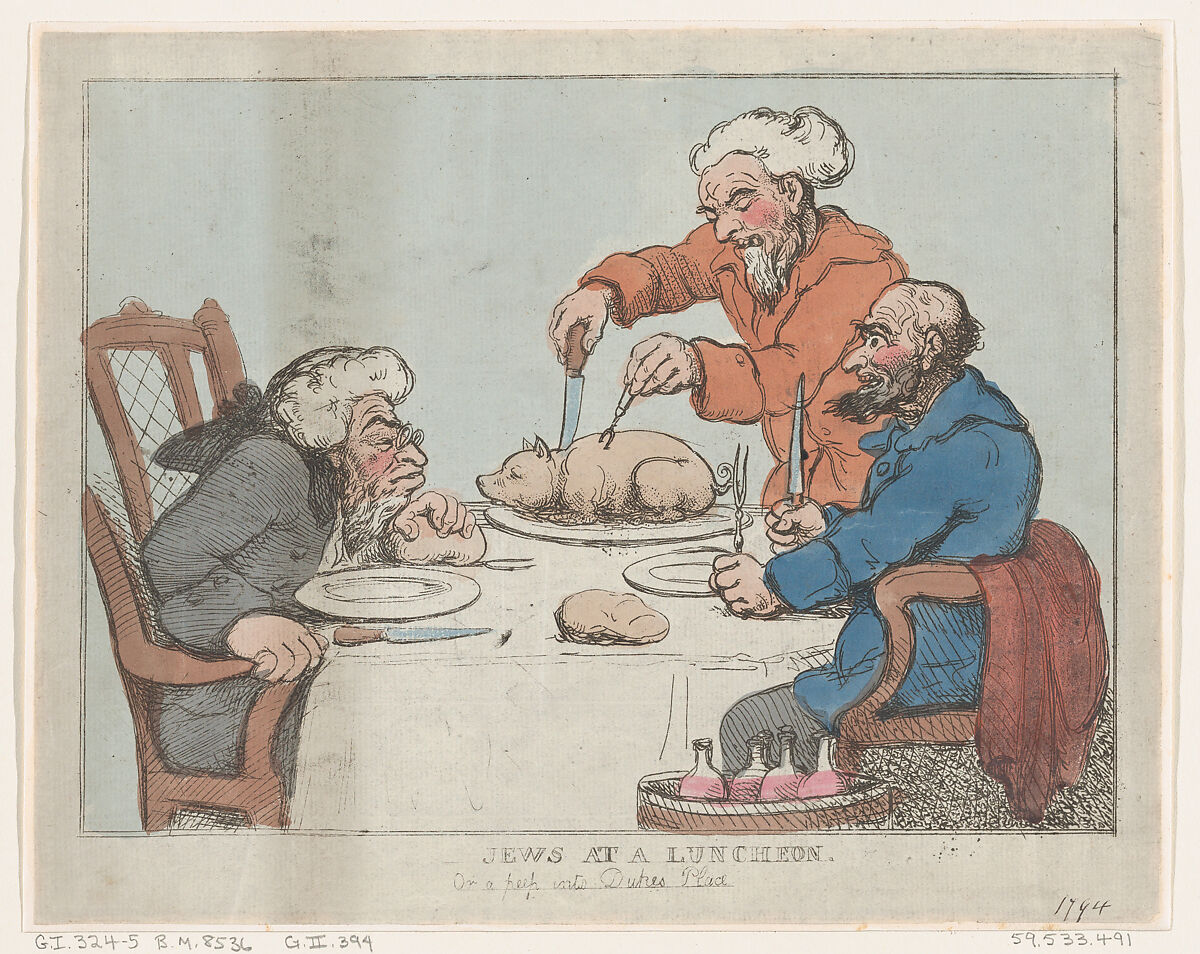 Jews at a Luncheon, Thomas Rowlandson (British, London 1757–1827 London), Hand-colored etching 