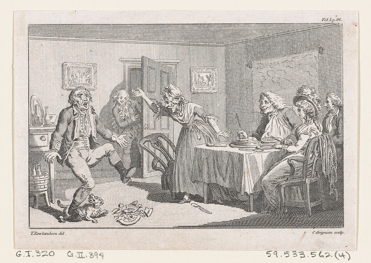 Humphry Clinker Smashing a Dish at Dinner..., an illustration from Tobias Smollett's "The Expedition of Humphry Clinker" (London, 1793), Vol. 1, Charles Grignion, I (British, London baptised 1721–1810 London), Etching and engraving 