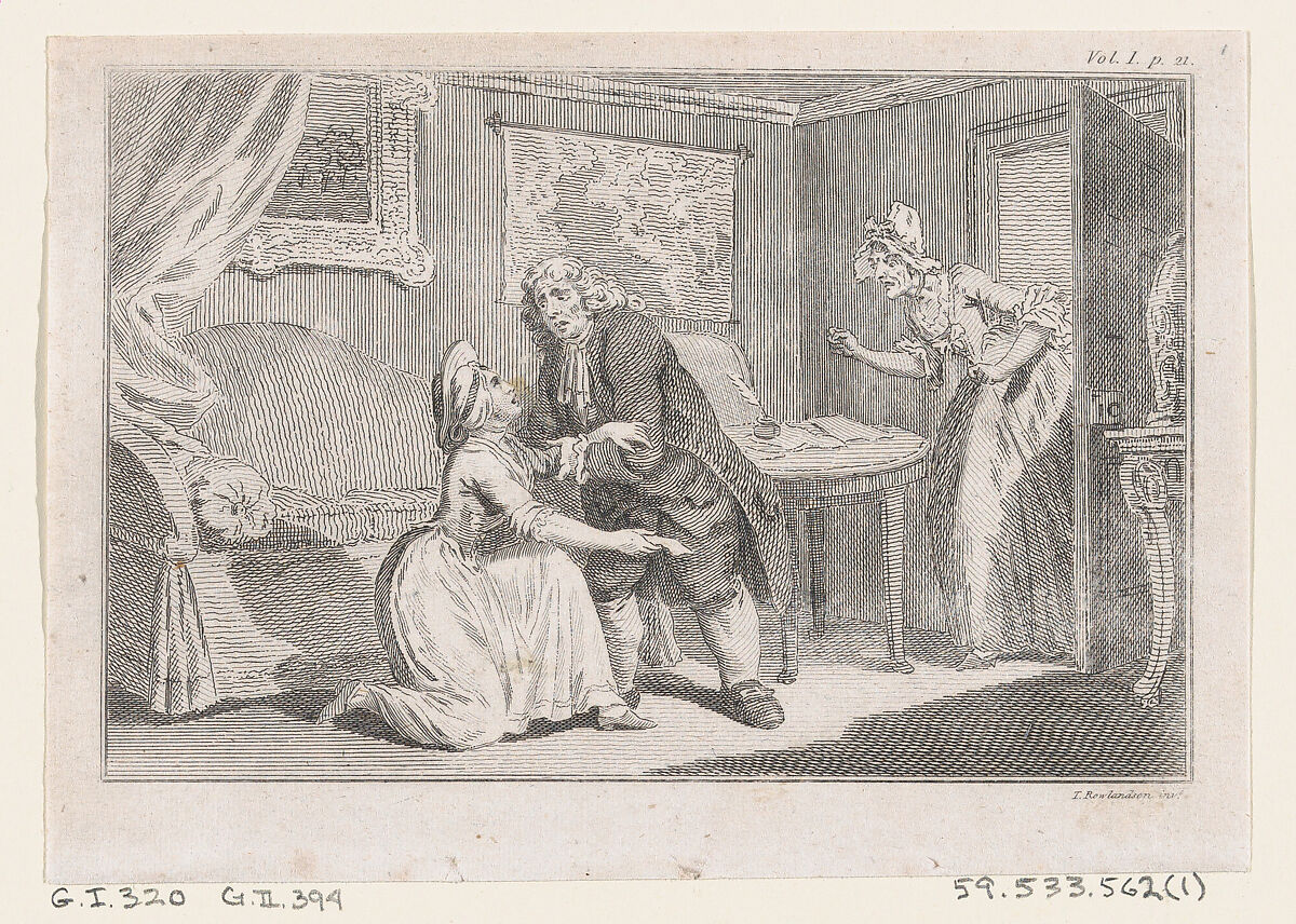 Matthew Bramble Offering Charity to the Ensign's Widow, an illustration from Tobias Smollett's "The Expedition of Humphry Clinker" (London, 1793), Vol. 1, Charles Grignion, I (British, London baptised 1721–1810 London), Etching and engraving 