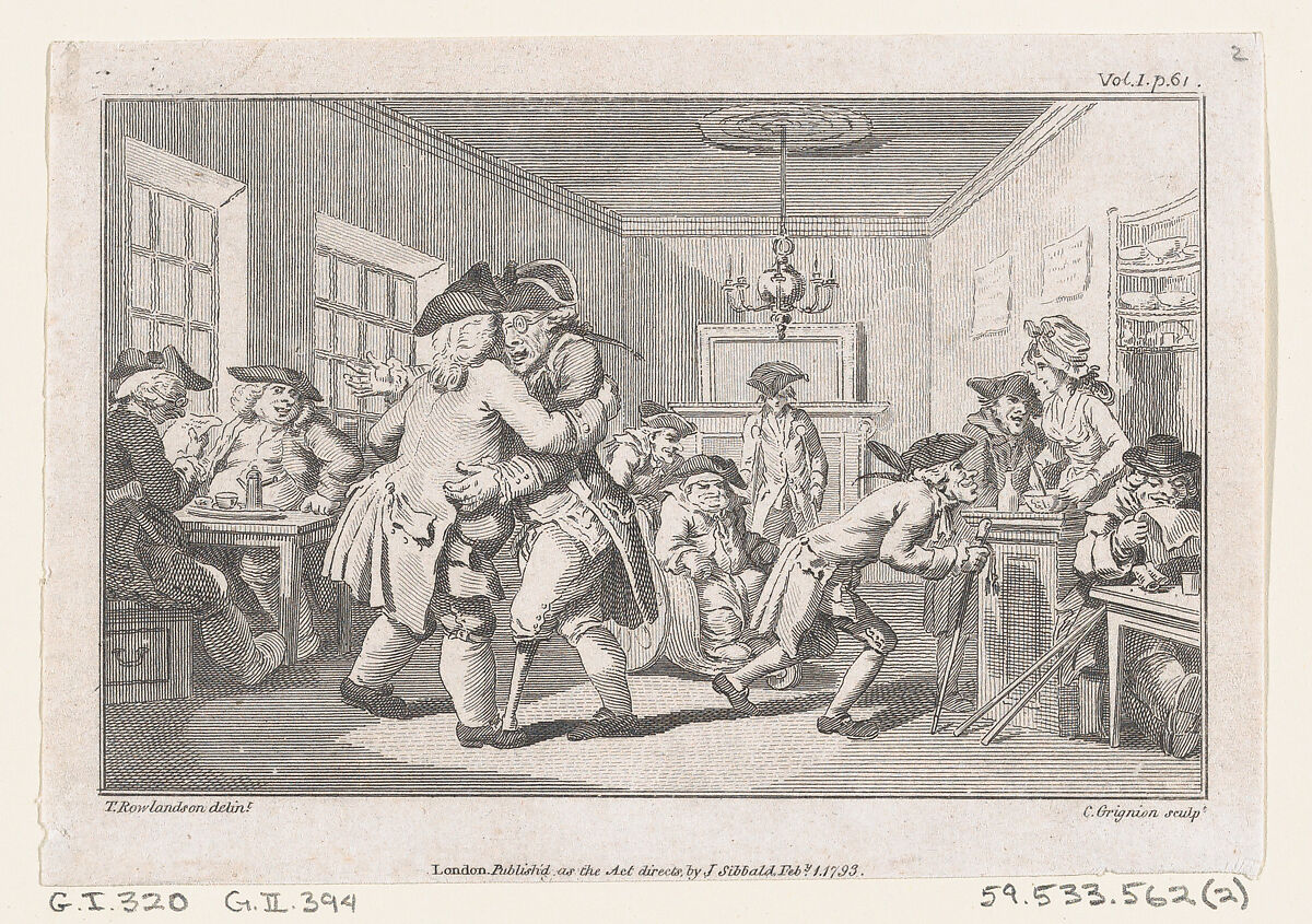 Men Dancing in a Coffee House, an illustration from Tobias Smollett's "The Expedition of Humphry Clinker" (London, 1793), Vol. 1, Charles Grignion, I (British, London baptised 1721–1810 London), Etching and engraving 