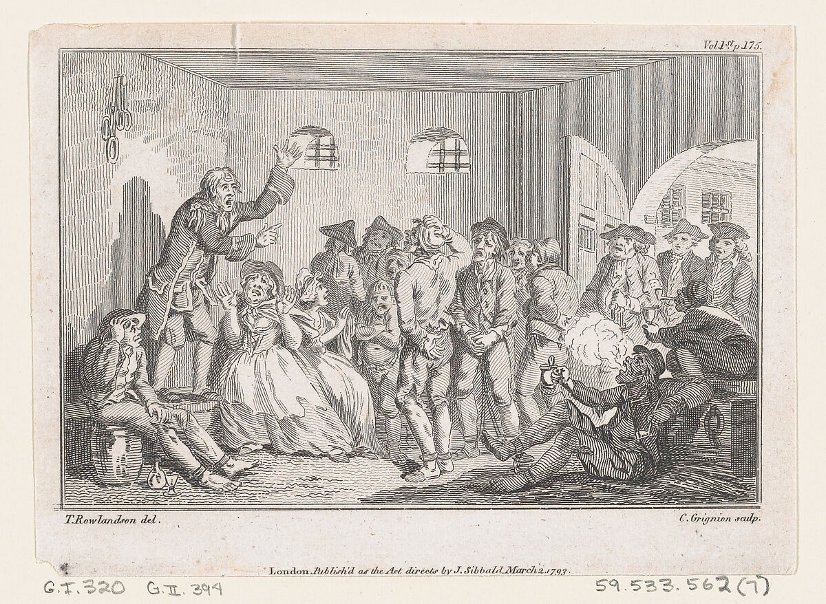 Clinker Preaching in Clerkenwell Prison, an illustration from Tobias Smollett's "The Expedition of Humphry Clinker" (London, 1793), Vol. 1, Charles Grignion, I (British, London baptised 1721–1810 London), Etching and engraving 