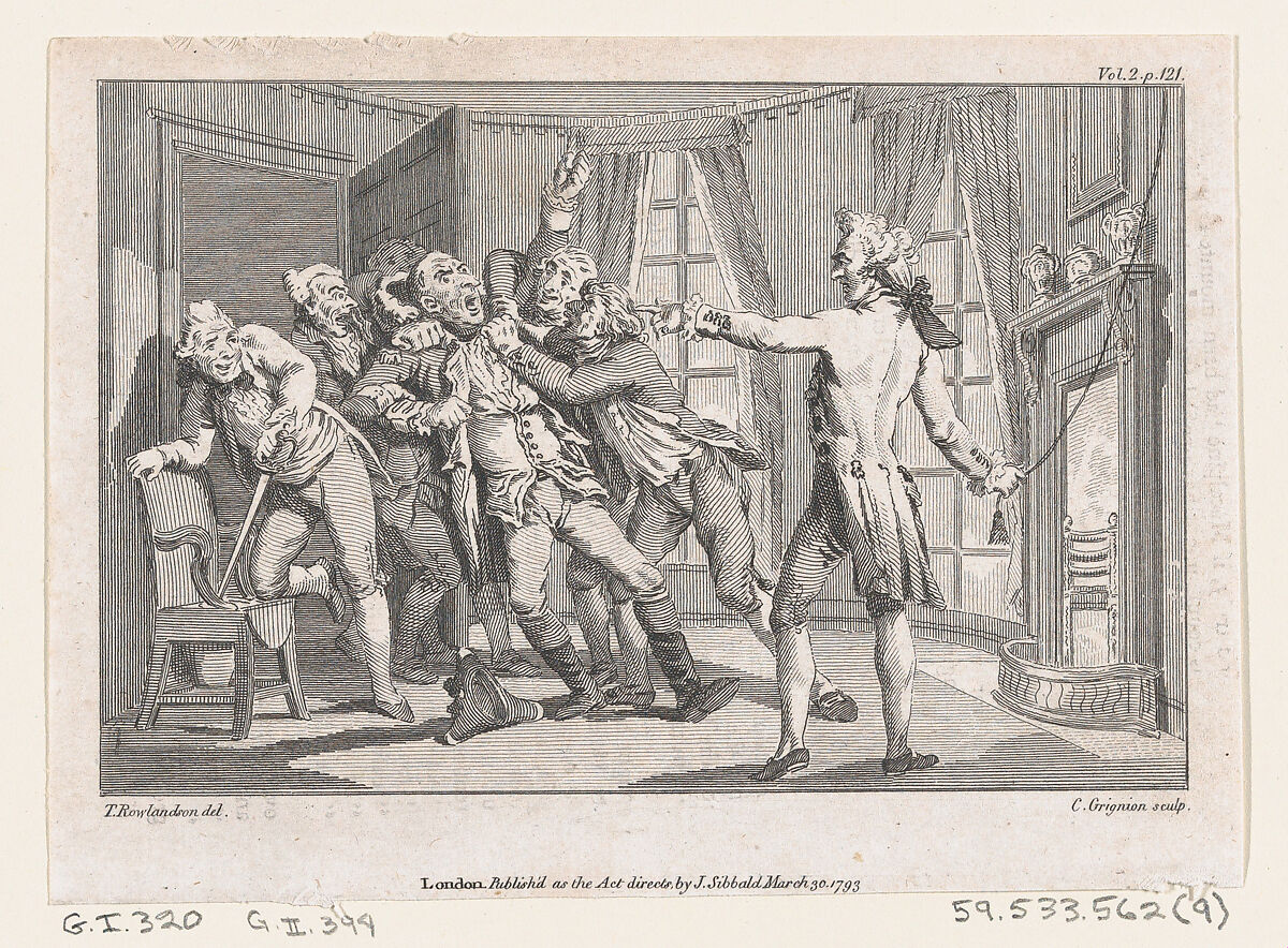 Lord Oxmington Repelling Lismahago's Challenge to Single Combat, an illustration from Tobias Smollett's "The Expedition of Humphry Clinker" (London, 1793), Vol. 1, Charles Grignion, I (British, London baptised 1721–1810 London), Etching and engraving 