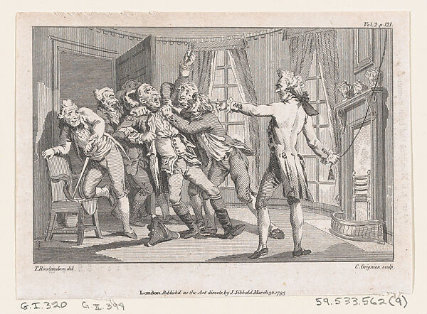 Lord Oxmington Repelling Lismahago's Challenge to Single Combat, an illustration from Tobias Smollett's 