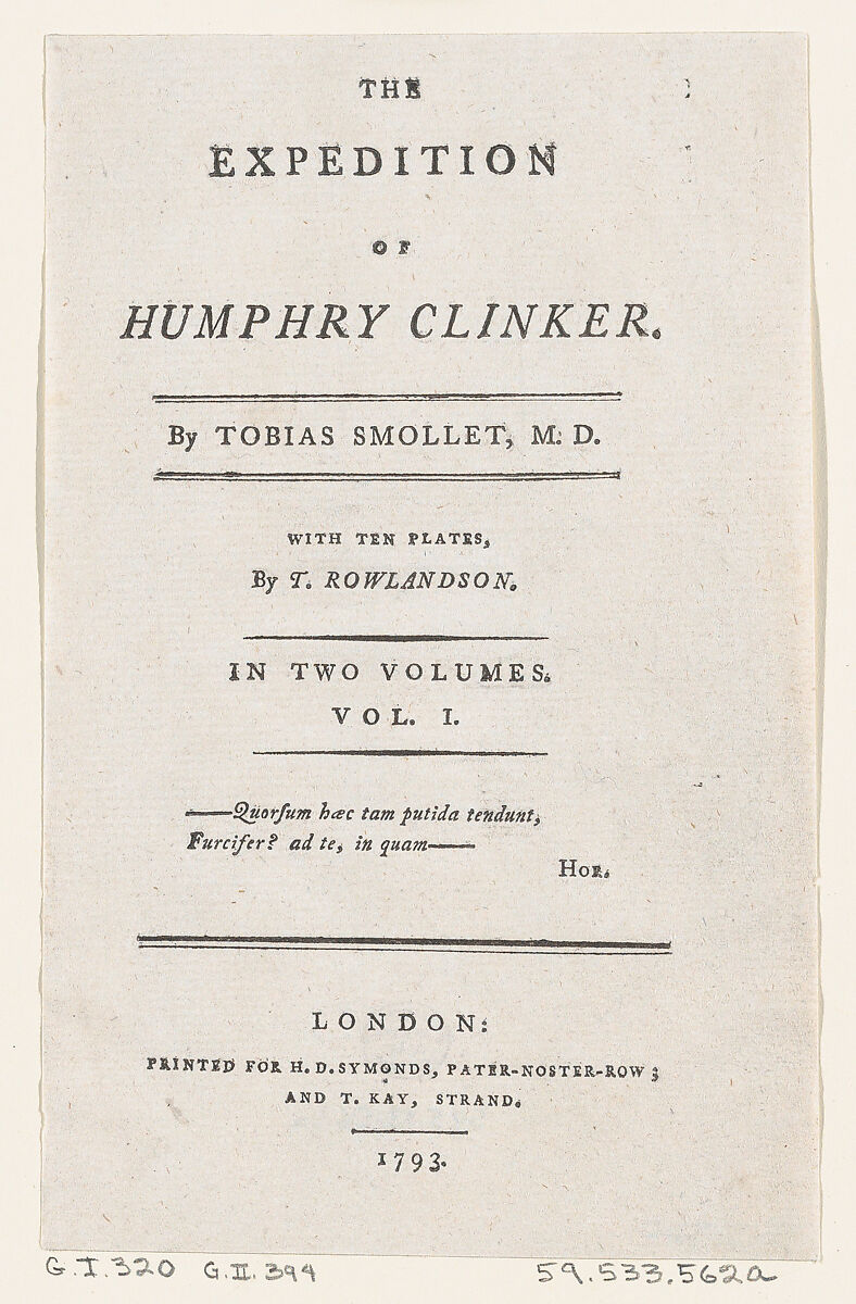 Title Page, from Tobias Smollett's "The Expedition of Humphry Clinker" (London, 1793), Vol. 1, Thomas Rowlandson (British, London 1757–1827 London), Letterpress 