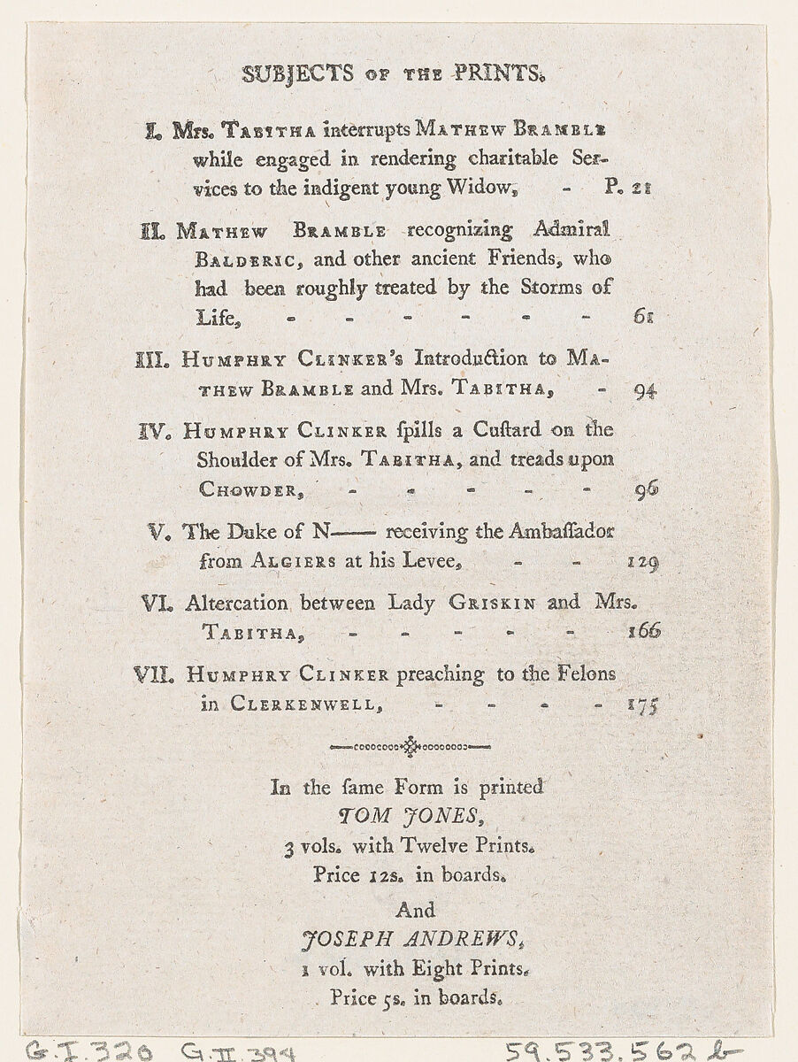 List of Plates I-VII, from Tobias Smollett's "The Expedition of Humphry Clinker" (London, 1793), Vol. 1, Thomas Rowlandson (British, London 1757–1827 London), Engraving 