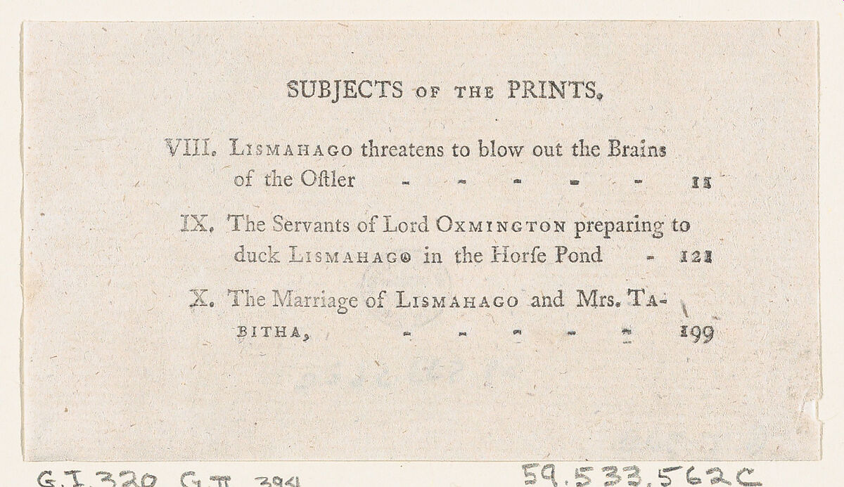 List of Plates VIII-X, from Tobias Smollett's "The Expedition of Humphry Clinker" (London, 1793), Vol. 1, Thomas Rowlandson (British, London 1757–1827 London), Engraving 