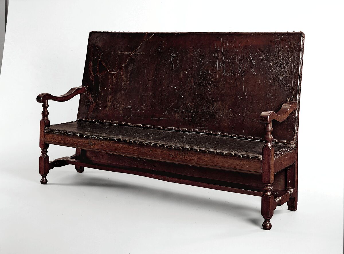 Leather settle, Black walnut, American 