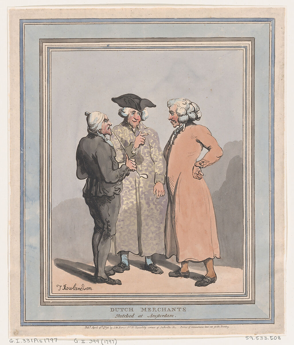 Dutch Merchants Sketched at Amsterdam, Thomas Rowlandson (British, London 1757–1827 London), Hand-colored etching 