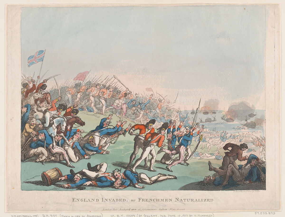 England Invaded, or Frenchmen Naturalized, Thomas Rowlandson (British, London 1757–1827 London), Hand-colored etching 