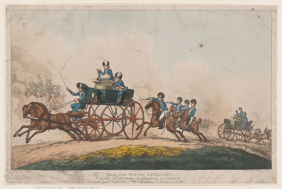 Sadlers Flying Artillery, Thomas Rowlandson (British, London 1757–1827 London), Hand-colored etching and aquatint 