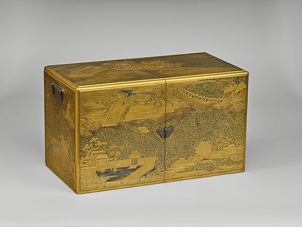 Book Cabinet (Tansu) for The Tale of Genji with Ishiyamadera Temple Design, Lacquered wood with gold and silver takamaki-e, hiramaki-e, and togidashimaki-e, and cutout gold-foil application on nashiji (“pear-skin”) ground; gilt-bronze fittings, Japan 