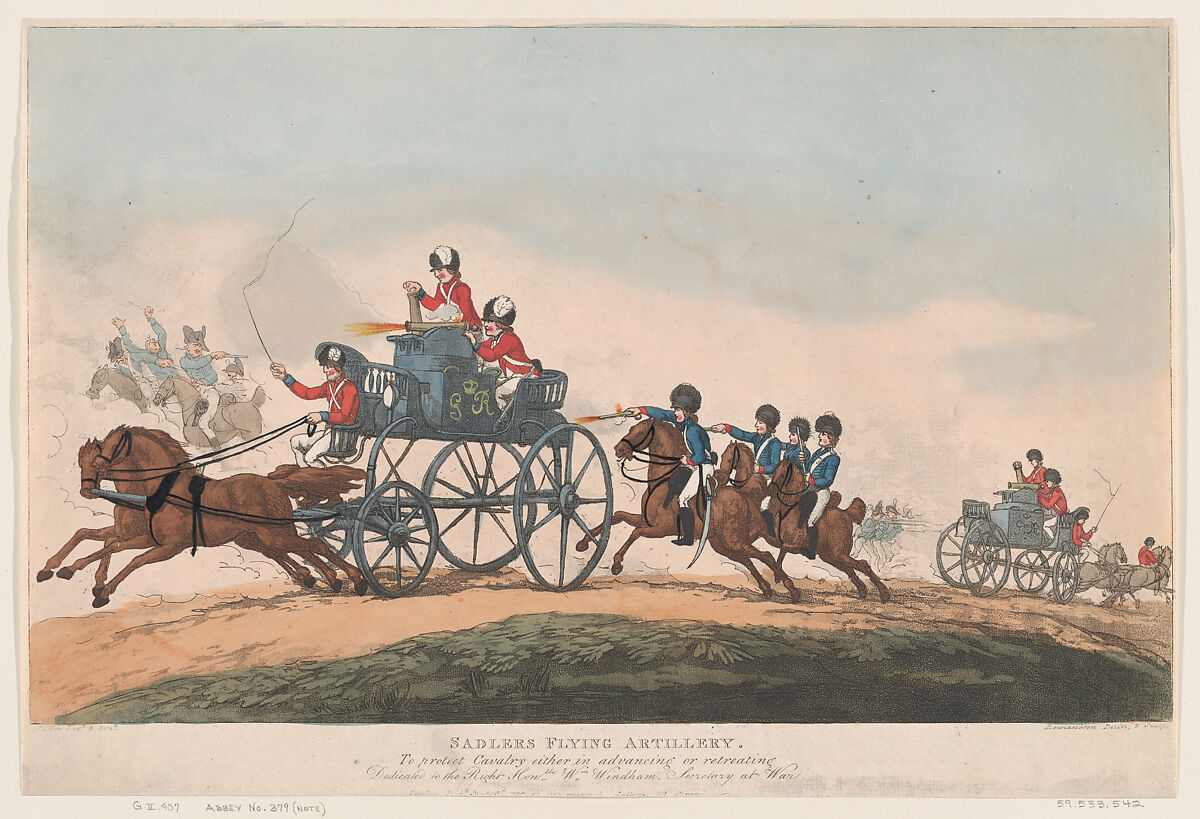Sadlers Flying Artillery, Thomas Rowlandson (British, London 1757–1827 London), Hand-colored etching and aquatint 