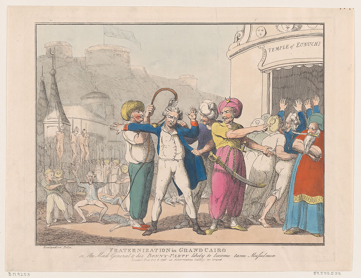 Fraternization in Grand Cairo, or The Made General & his Bonny Party Likely to Become Tame Musselmen, Thomas Rowlandson (British, London 1757–1827 London), Hand-colored etching and aquatint 