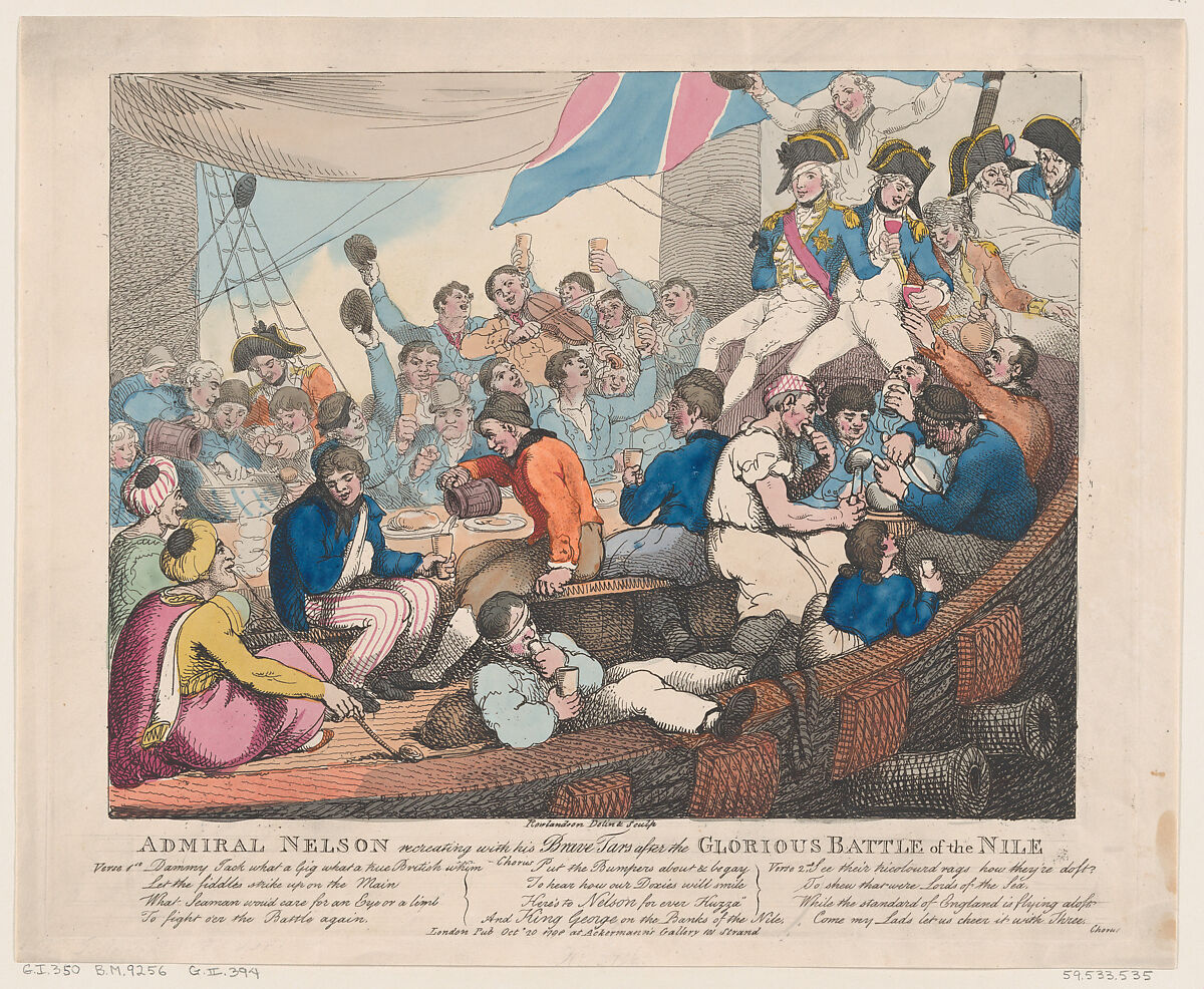 Admiral Nelson Recreating with his Brave Tars after the Glorious Battle of the Nile, Thomas Rowlandson (British, London 1757–1827 London), Hand-colored etching and aquatint 