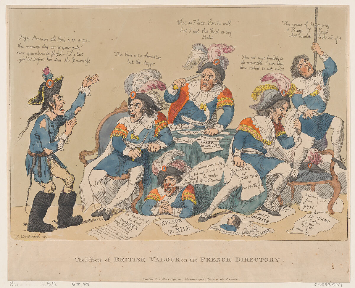 The Effects of British Valour on the French Directory, Thomas Rowlandson (British, London 1757–1827 London), Hand-colored etching and aquatint 