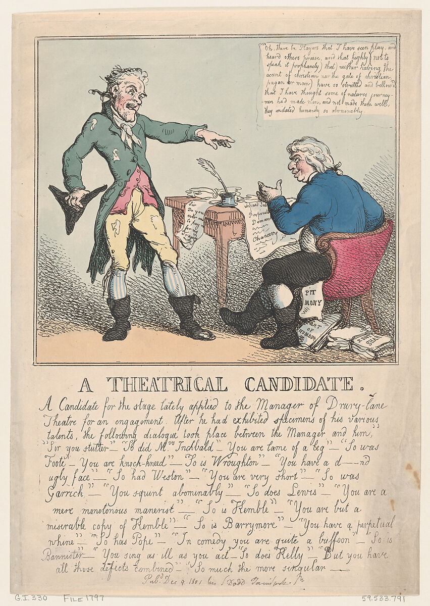 A Theatrical Candidate, Thomas Rowlandson (British, London 1757–1827 London), Hand-colored etching and aquatint 