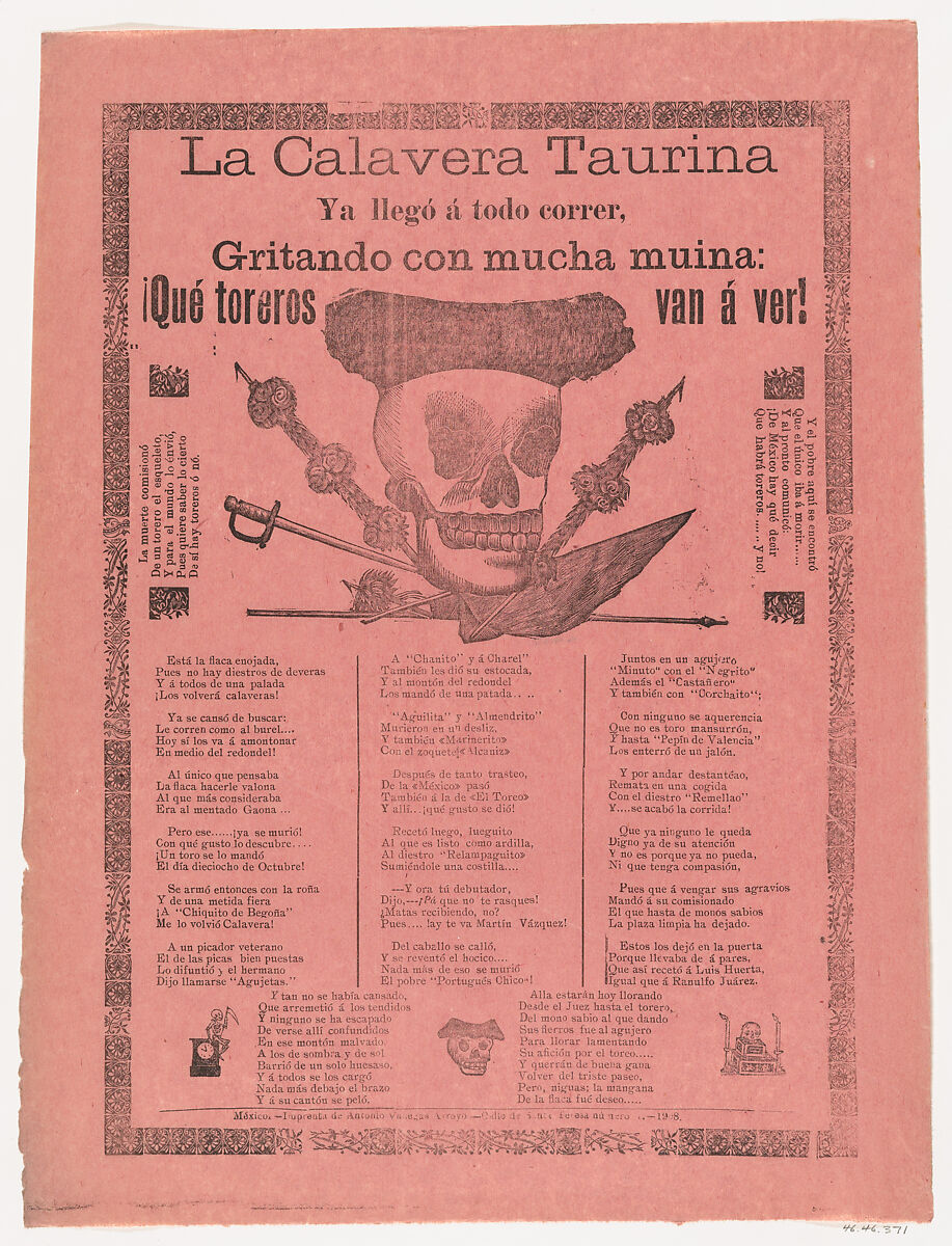 Broadsheet relating to the bullfighting calavera who has arrived at full speed, screaming with much energy, José Guadalupe Posada (Mexican, Aguascalientes 1852–1913 Mexico City), Photorelief and letterpress on pink paper 