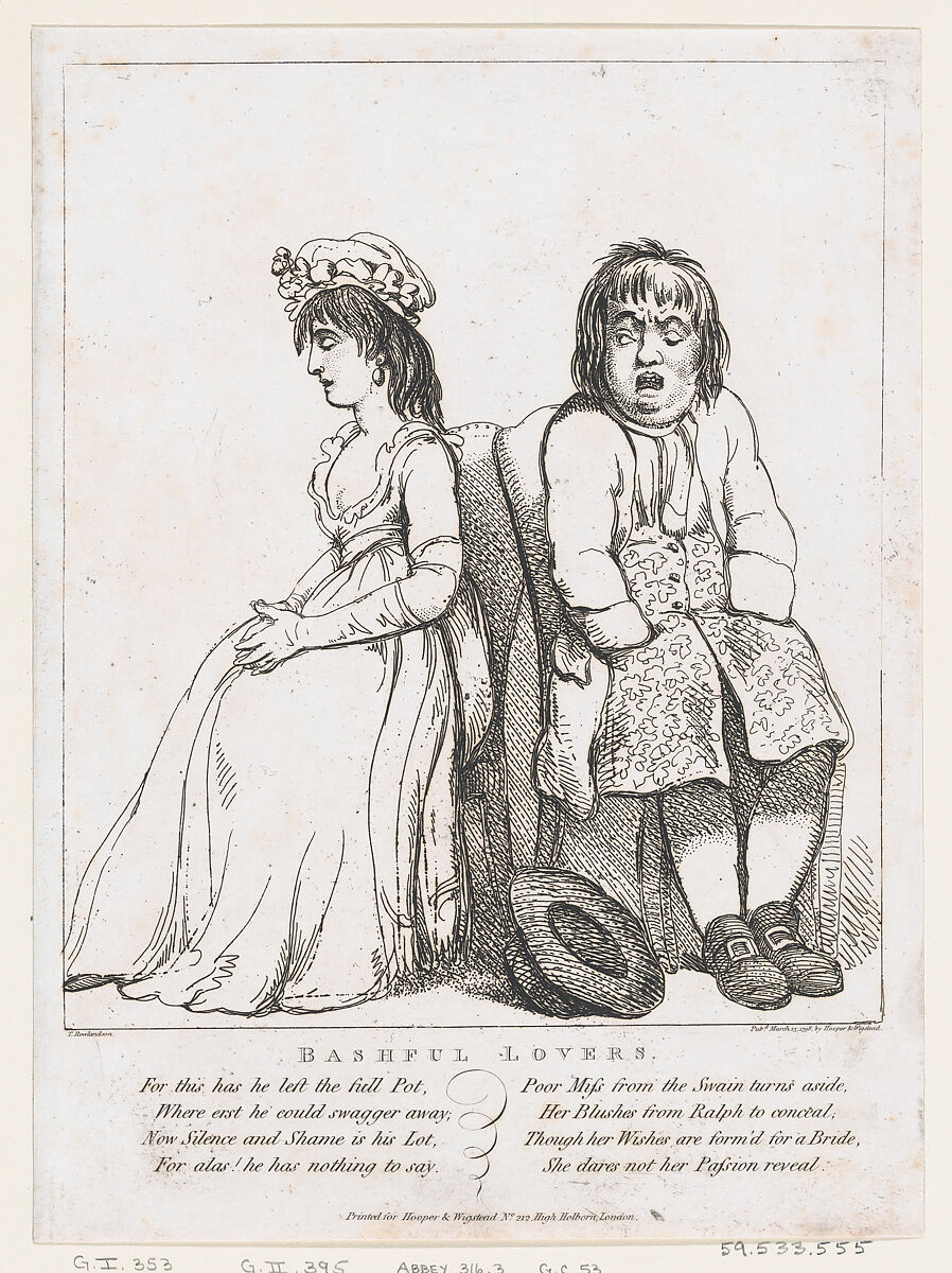 Bashful Lovers, Thomas Rowlandson (British, London 1757–1827 London), Etching 