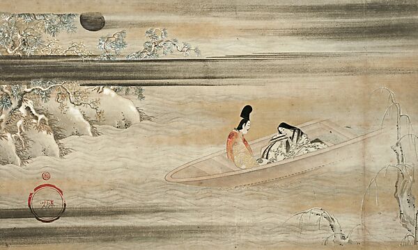 “A Boat Cast Adrift” (Ukifune), from Collection of Ancient Chinese and Japanese Stories (Wakan koji setsuwa zu), Iwasa Matabei (Japanese, 1578–1650), Section of a handscroll mounted as a hanging scroll; ink and color on paper, Japan 