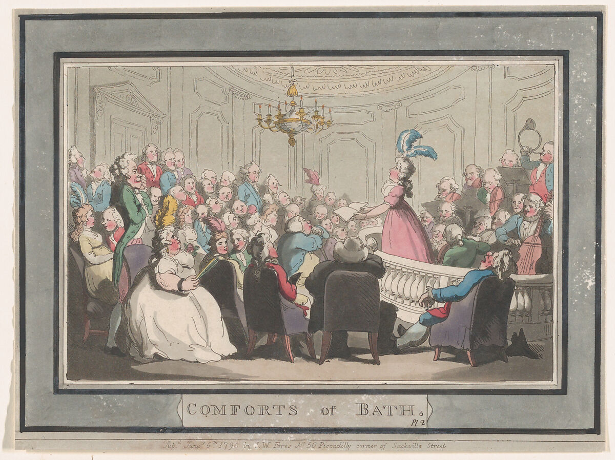 Comforts of Bath, Plate 2, Thomas Rowlandson (British, London 1757–1827 London), Hand-colored etching and aquatint 