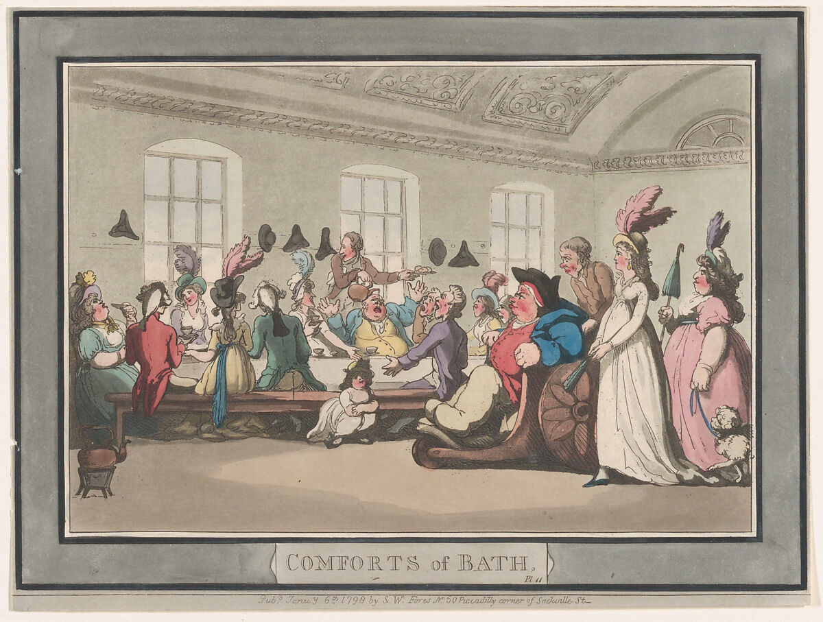 Comforts of Bath, Plate 11, Thomas Rowlandson (British, London 1757–1827 London), Hand-colored etching and aquatint 