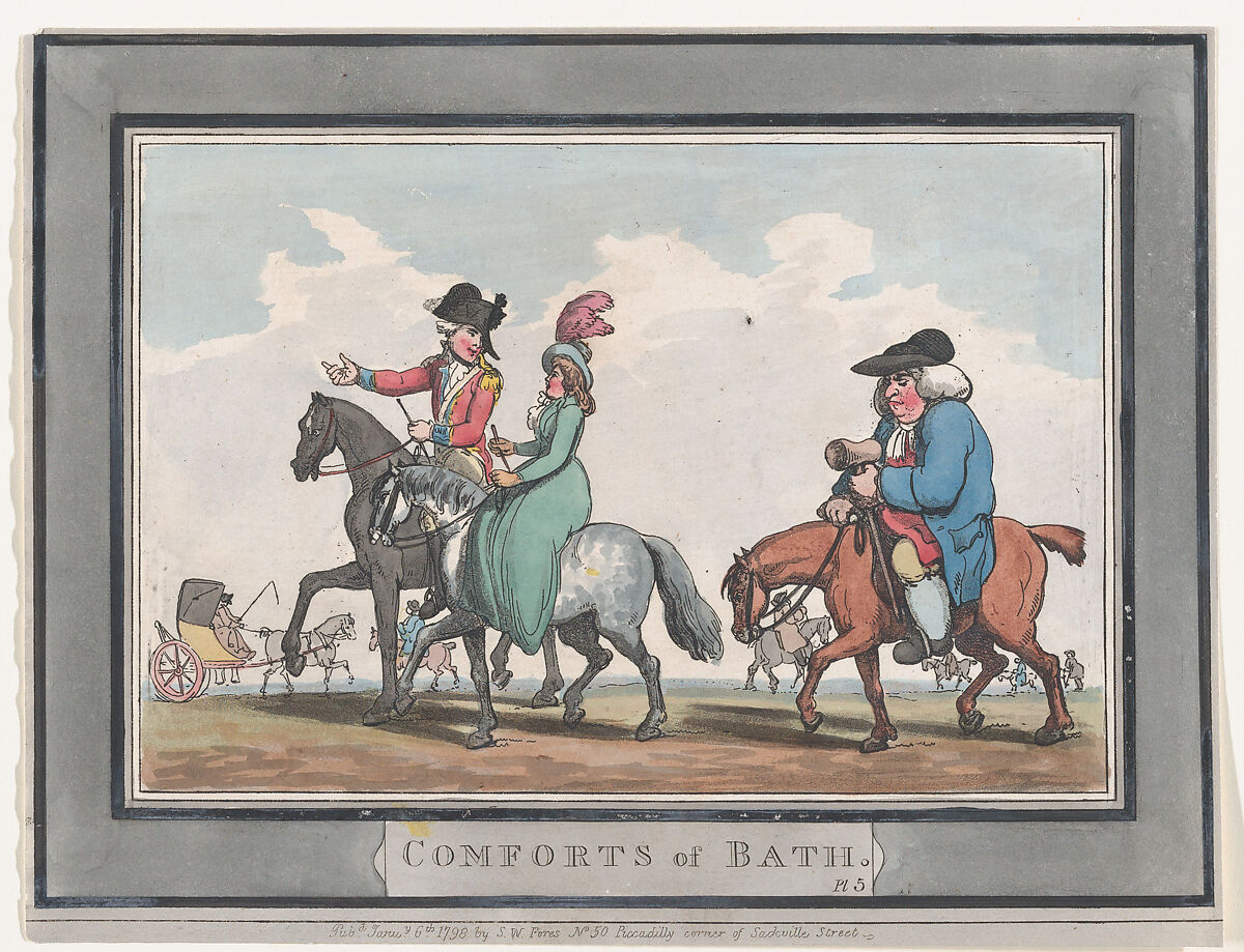 Comforts of Bath, Plate 5, Thomas Rowlandson (British, London 1757–1827 London), Hand-colored etching and aquatint 