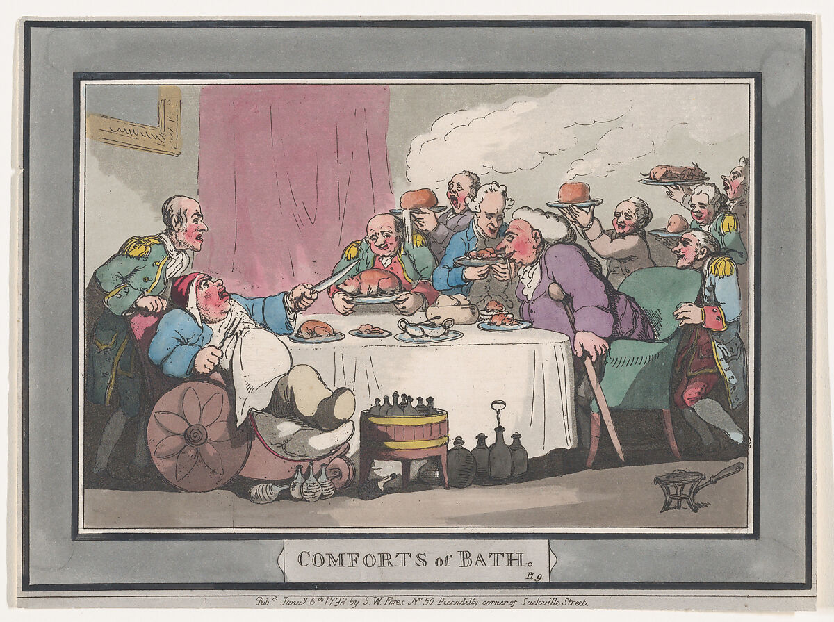 Comforts of Bath, Plate 9, Thomas Rowlandson (British, London 1757–1827 London), Hand-colored etching and aquatint 