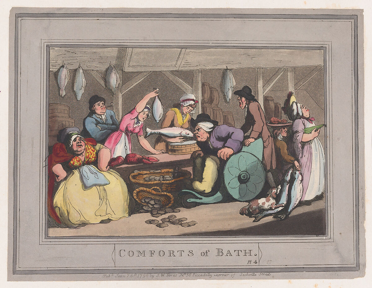 Comforts of Bath, Plate 4, Thomas Rowlandson (British, London 1757–1827 London), Hand-colored etching and aquatint 