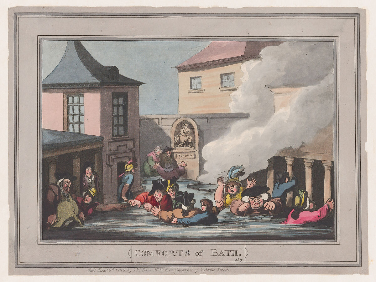 Comforts of Bath, Plate 7, Thomas Rowlandson (British, London 1757–1827 London), Hand-colored etching and aquatint 