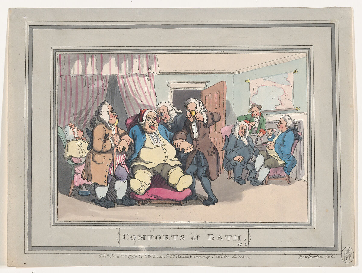 Comforts of Bath, Plate 1, Thomas Rowlandson (British, London 1757–1827 London), Hand-colored etching and aquatint 