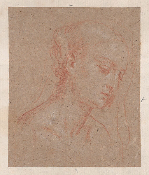 Head of a Woman, Anonymous, Italian, 18th century, Red chalk, touches of white chalk, on brown paper 
