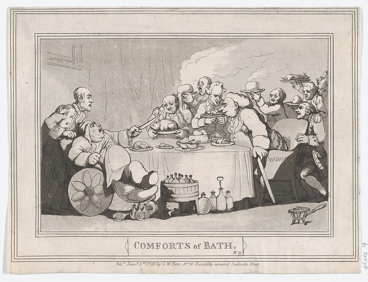 Comforts of Bath, Plate 11, Thomas Rowlandson (British, London 1757–1827 London), Etching and aquatint 
