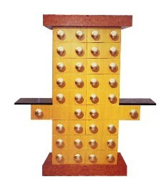 Mobile Giallo, Ettore Sottsass (Italian (born Austria), Innsbruck 1917–2007 Milan), Burled maple, briar, ebonized oak veneer, gilded wood knobs 