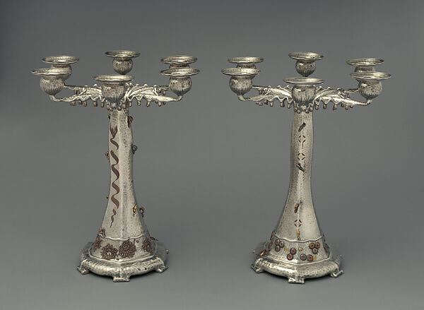 Pair of Candelabra, Tiffany & Co., Silver, copper, gold, brass, and copper-platinum alloy with traces of iron, American
